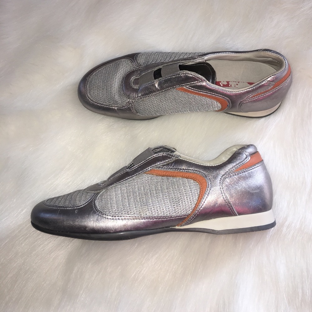 Prada Slip on Sneakers Silver and Orange athletic